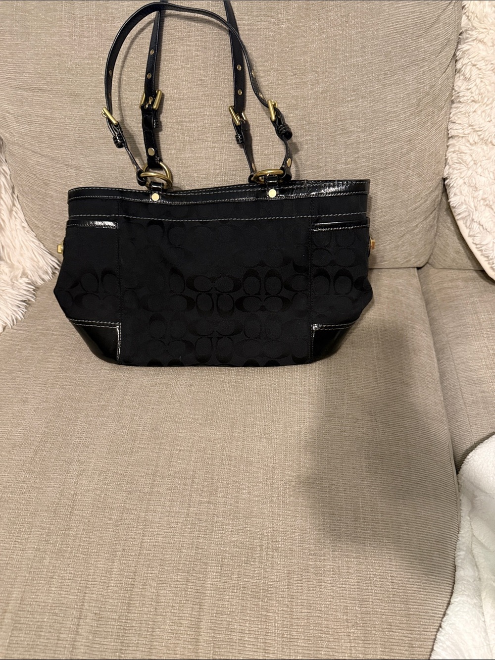 Coach Black Signature Jacquard Satchel with Patent Trim and Gold Hardware